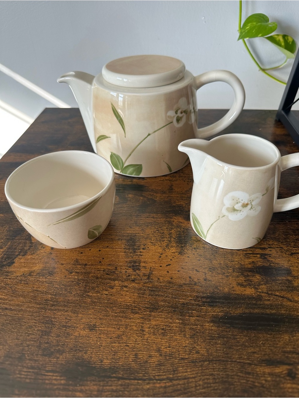 Crate and Barrel Cream Floral Ceramic Tea Set - Teapot, Creamer & Sugar Bowl